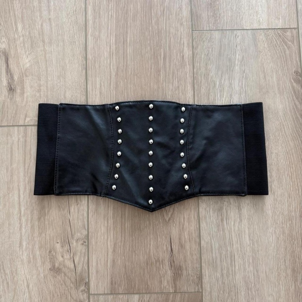 Black Faux Leather Studded Wide Corset Belt Silver Studs Goth Punk 0894